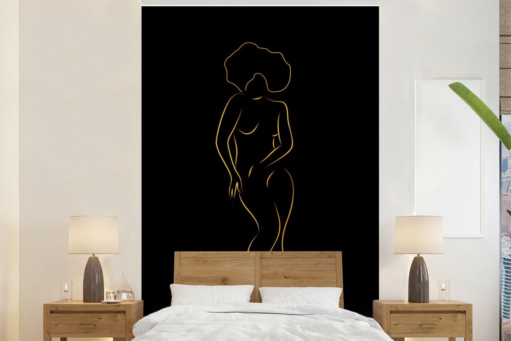 MuchoWow Fototapete für Wohnzimmer oder Schlafzimmer Wandtapete Vinyl Motivtapete Frau - Gold - Schwarz - Strichzeichnung - 180x280 cm - Wallpaper