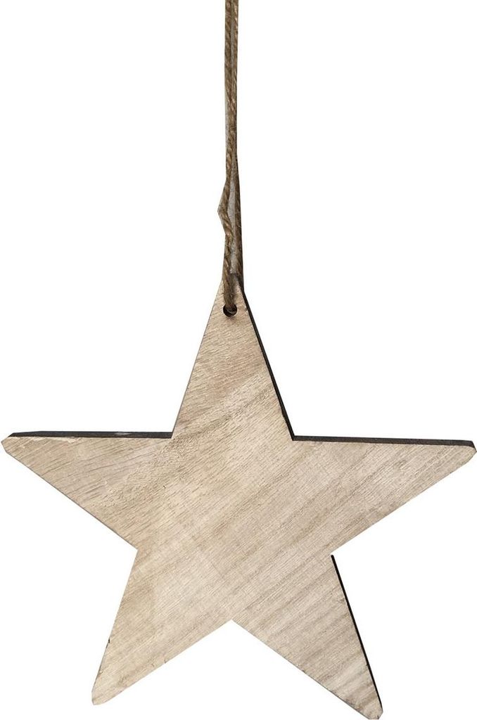 A single wooden star ornament hanging from a string against a white background.