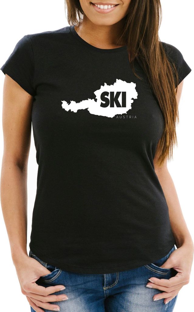 Damen T-Shirt Ski Austria Österreich Wintersportler Landkarte Ski-Urlaub Ski-Fahrer Slim Fit Moonworks schwarz S