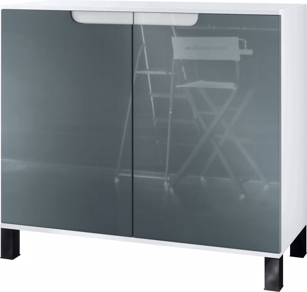 Vladon Kommode Sylt V3, Moderner Küchenschrank mit 2 großen Türen Weiß matt / Grau Hochglanz (92,5 x 84.5 x 35)