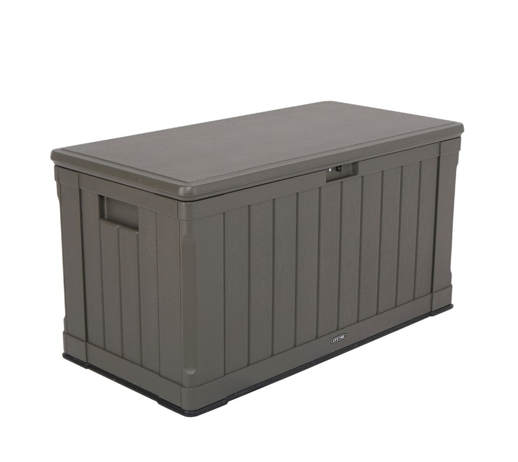 A brown plastic storage box is shown against a white background.
