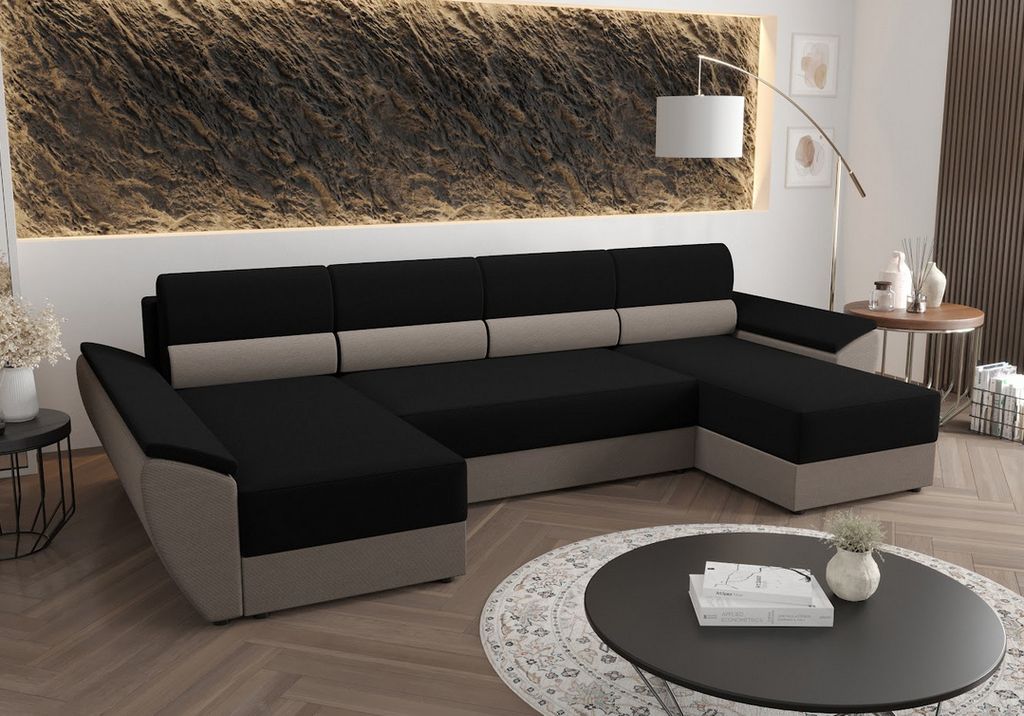 U-förmige Couchgarnitur für den täglichen Schlaf OPHELIA – Schwarz/Hellbraun
