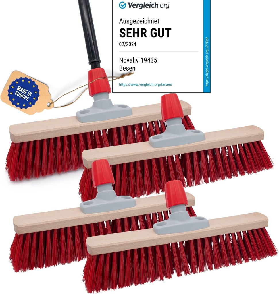 Novaliv 4x Straßenbesen 40 cm I mit Stiel I Elaston rot I Teleskopstiel I Besen für draußen I Industriebesen Gartenbesen Schneebesen Allzweckbesen