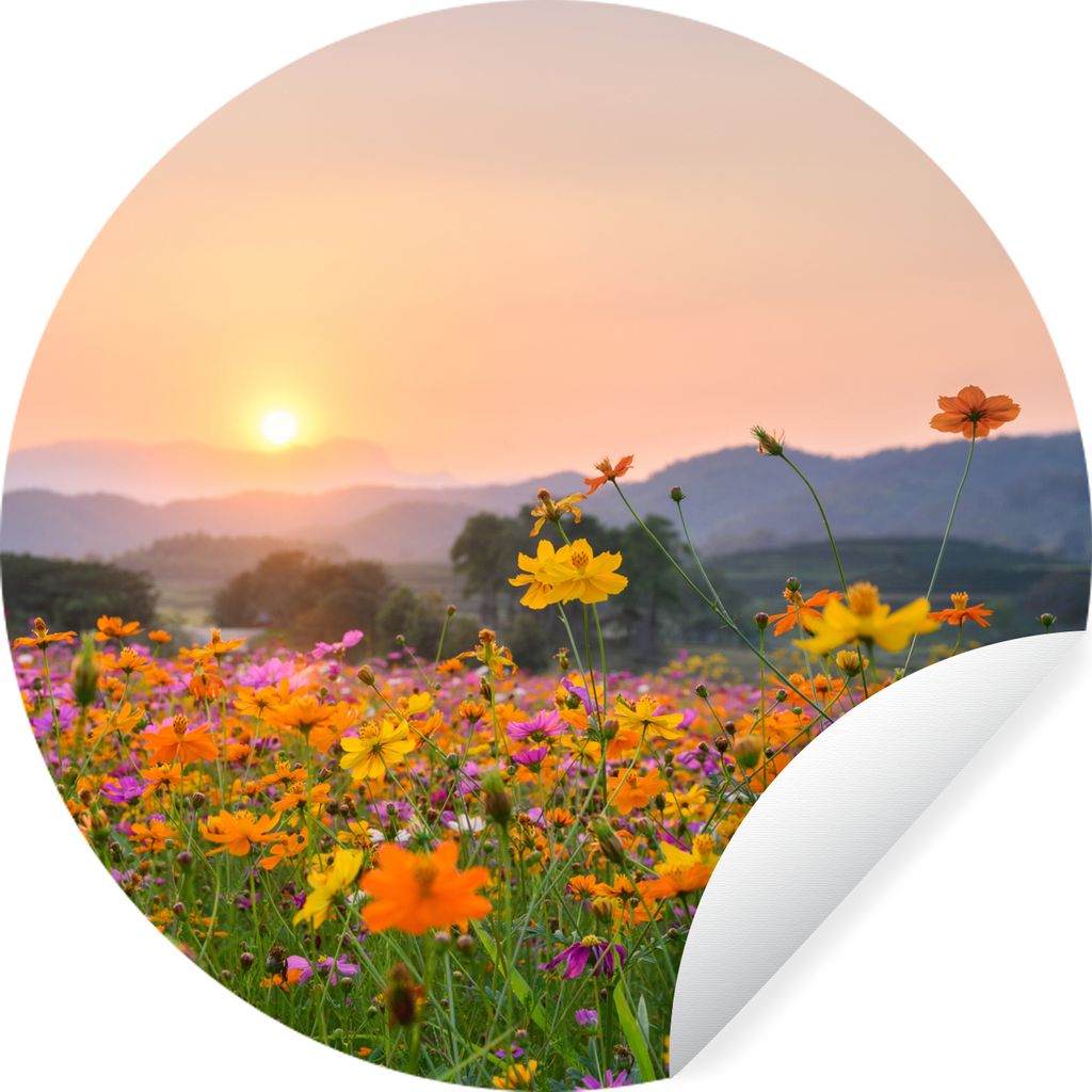 MuchoWow Runde Wandtattoo - Wandsticker Tapete Aufkleber Blumen - Sonnenuntergang - Berg Ø 30 cm Selbstklebend und Repositionierbar - Wandaufkle...
