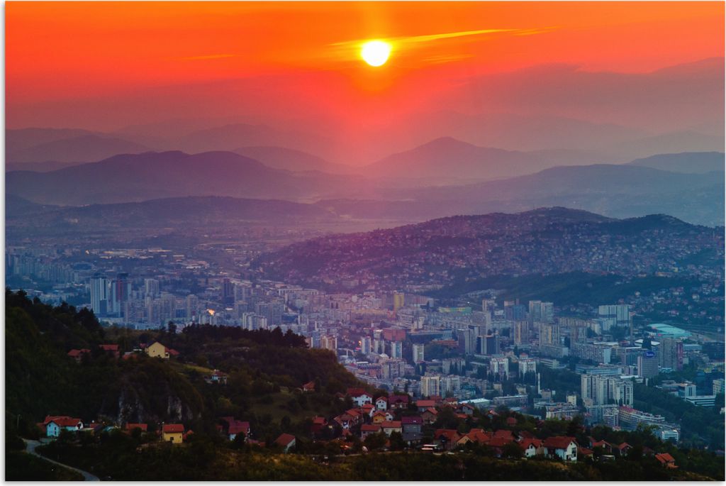 MuchoWow Poster Oranger Sonnenuntergang über Sarajevo Bosnien und Herzegowina 90x60 cm - Schlafzimmer