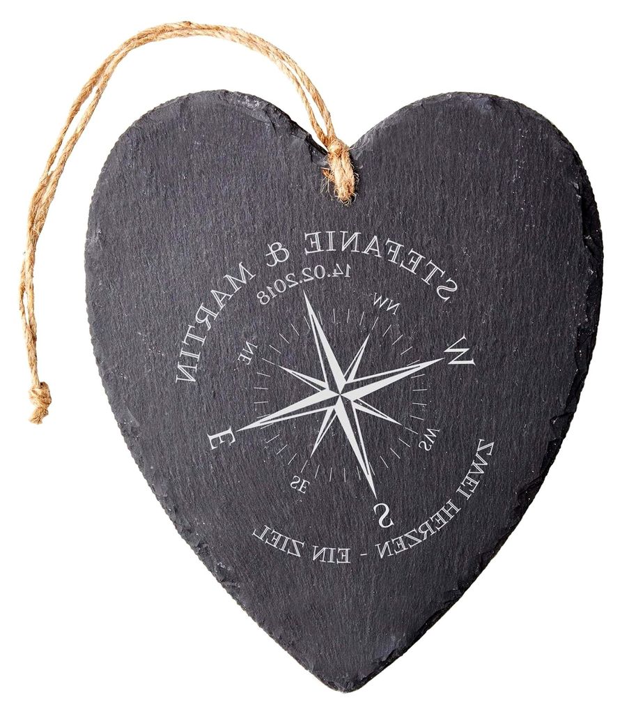 Herz aus Schiefer mit Gravur, Motiv Kompass, Personalisierbar mit Namen und Datum, Geschenk zur Hochzeit, Wohnaccessoire, Liebesgeschenk