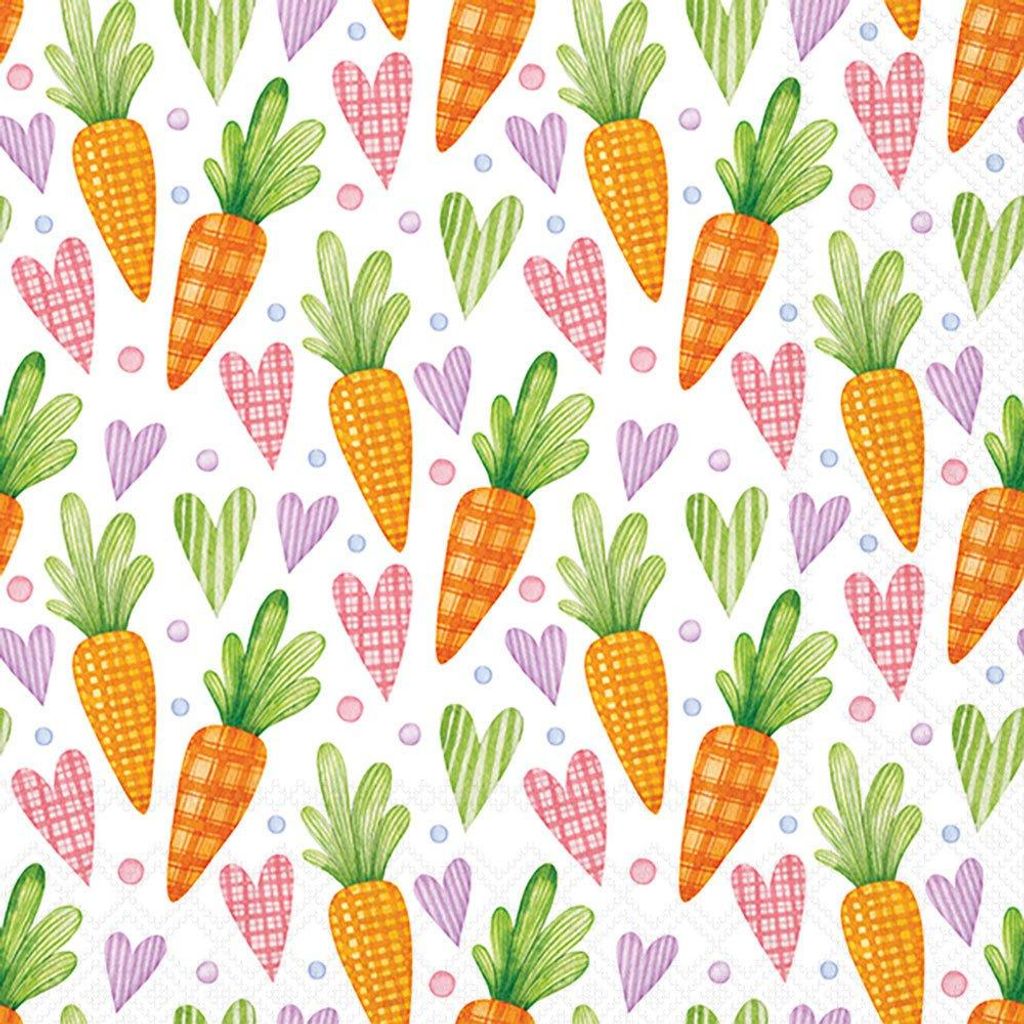 Servietten 33x33 cm - Carrots and hearts white