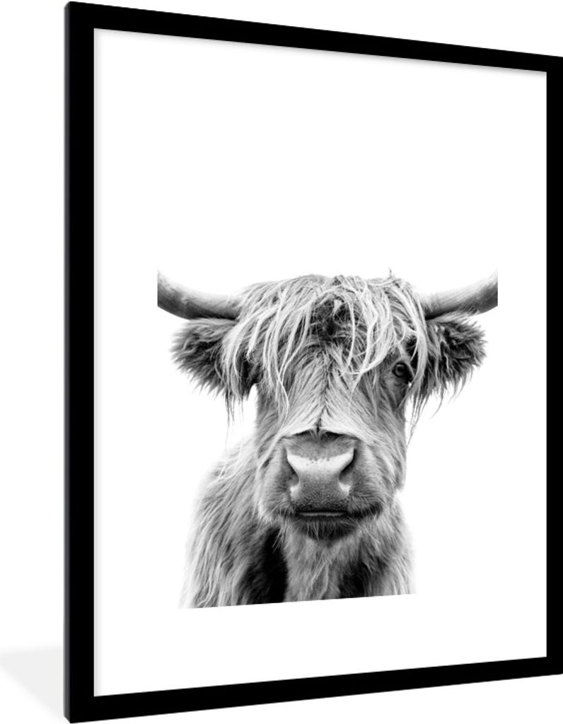 MuchoWow Gerahmtes Poster Kuh - Schottischer Highlander - Schwarz - Weiß 60x80 cm - Poster mit Schwarzem Bilderrahmen Wandposter Rahmen Foto Bil...