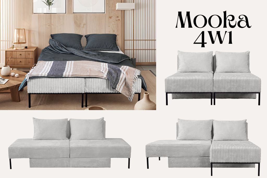 Kaiser Möbel Betten, Sofa mit schlaffunktion, Ecksofa, Liegestuhl, MOOKA 4in1-Multifunktions-System, stoff Velo Hellgrau