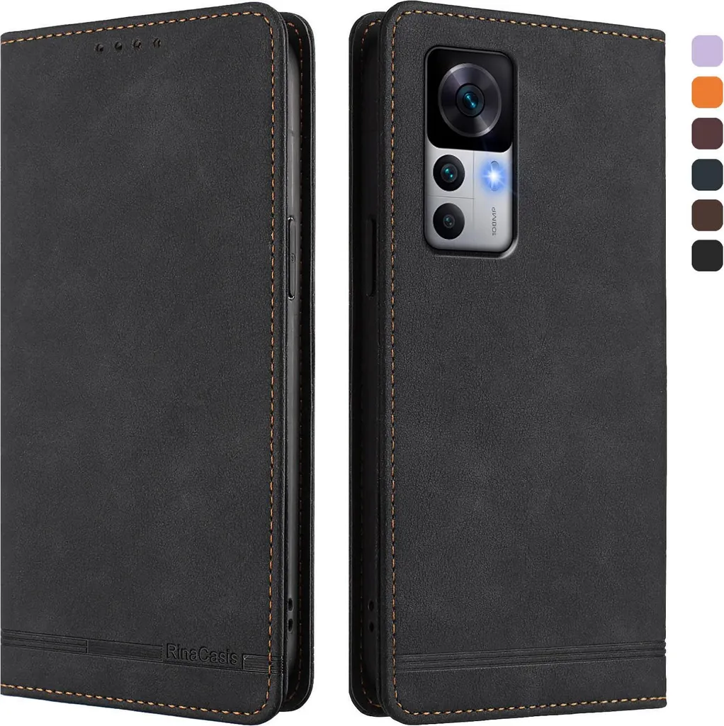 Custodia per Xiaomi 12T / Xiaomi 12T Pro, retro custodia flip in Finto cuoio con supporto e slot per schede Nero