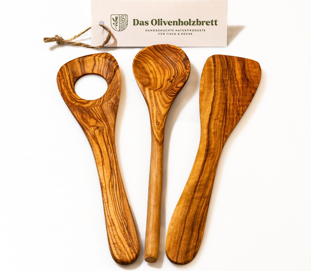 3er Set Pfannenwender, Kochlöffel, Risottolöffel aus Olivenholz 25 cm
