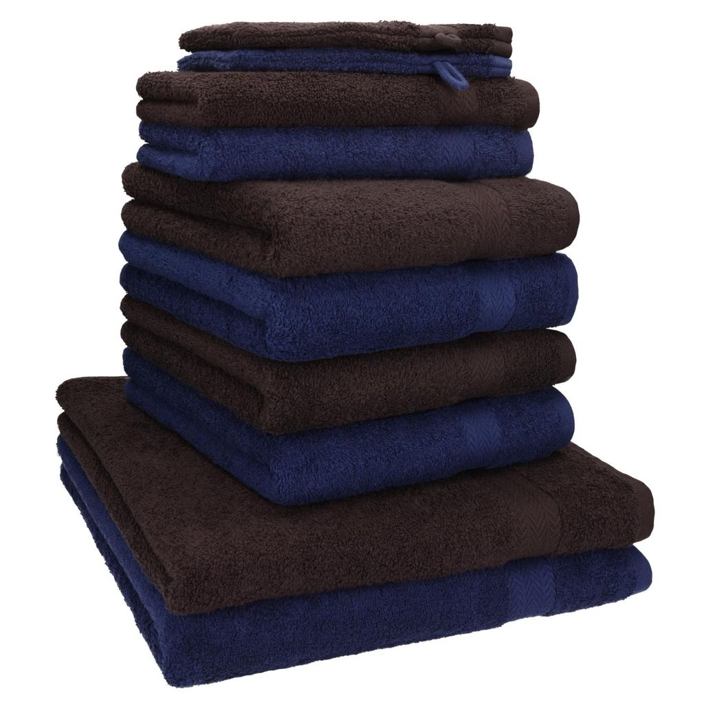 Betz 10-tlg. Handtuch-Set PREMIUM 2 Duschtücher 4 Handtücher 2 Gästetücher 2 Waschhandschuhe Farbe: dunkel blau & dunkel braun