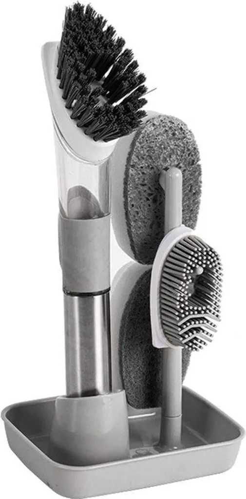 Brosse de vaisselle avec réservoir de liquide et têtes interchangeables