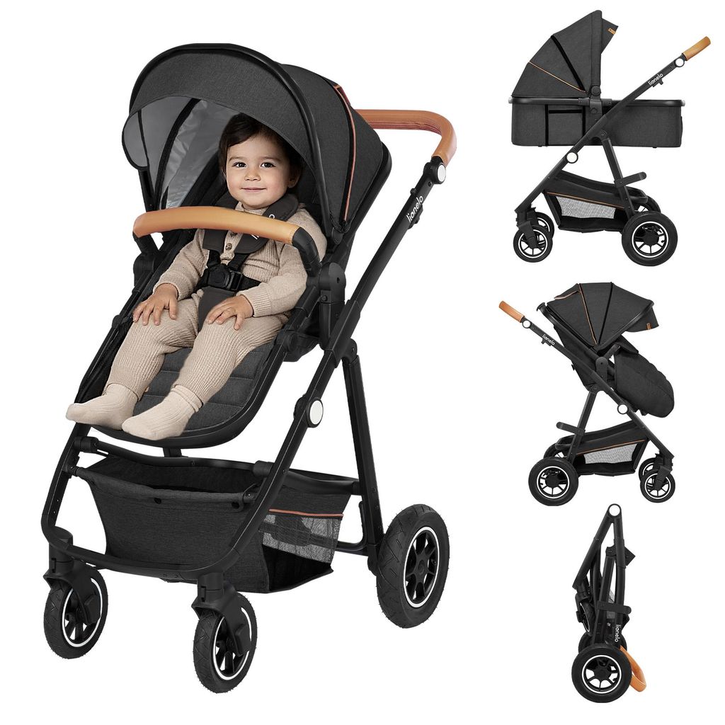 Lionelo Amber Kinderwagen 2 in 1 Kombikinderwagen, Set mit sportlichen Sitz, Fester Babywanne, Tasche, Moskitonetz, Abdeckung Regenblatt - Dark Grey