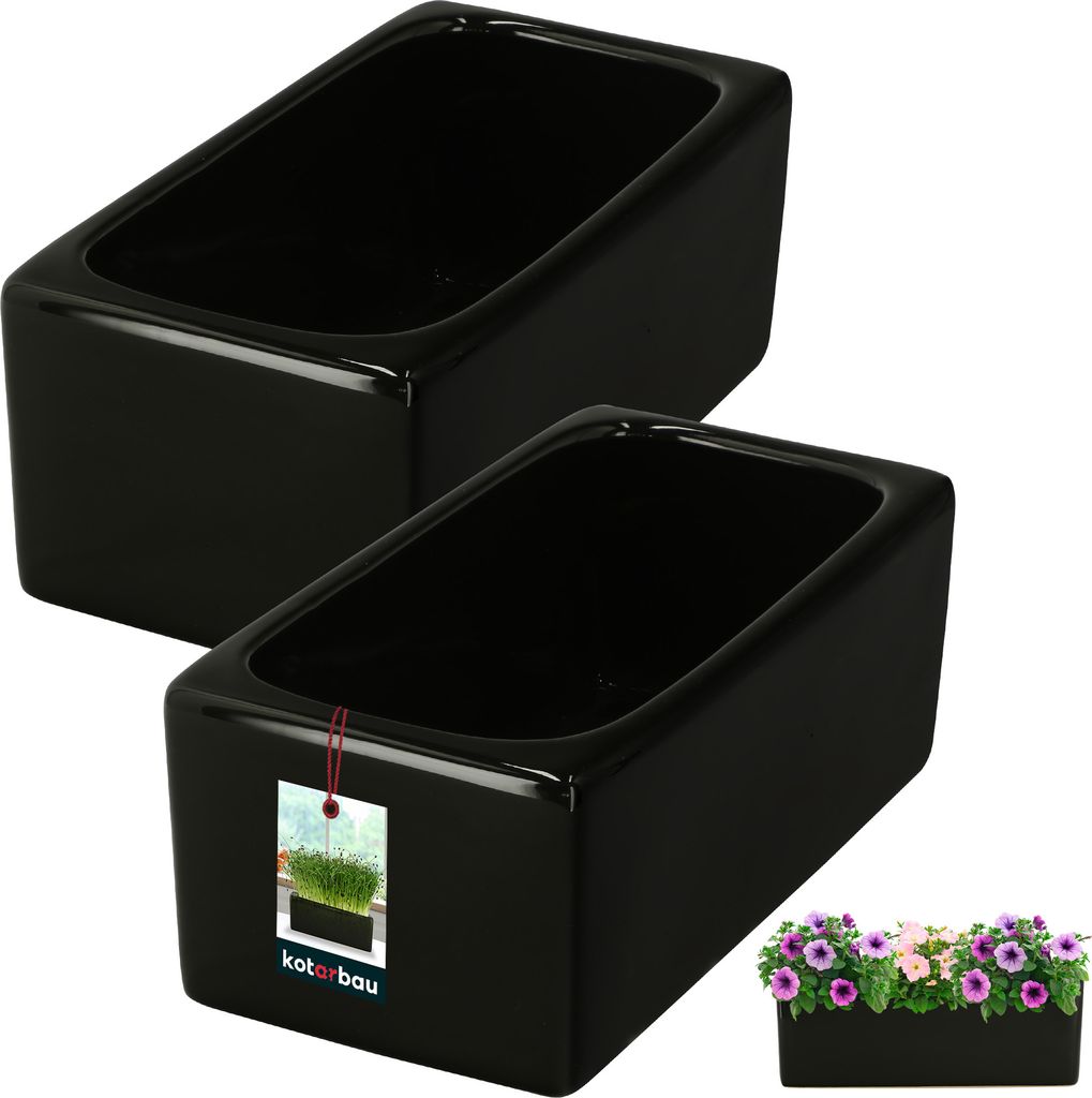 KOTARBAU 2er Set Blumentopf rechteckig innen Keramik glasiert Schwarz 24 x 12,5 x 9 cm Bonsai-Topf Blumentopf länglich innen Kräutertöpfe Fens...