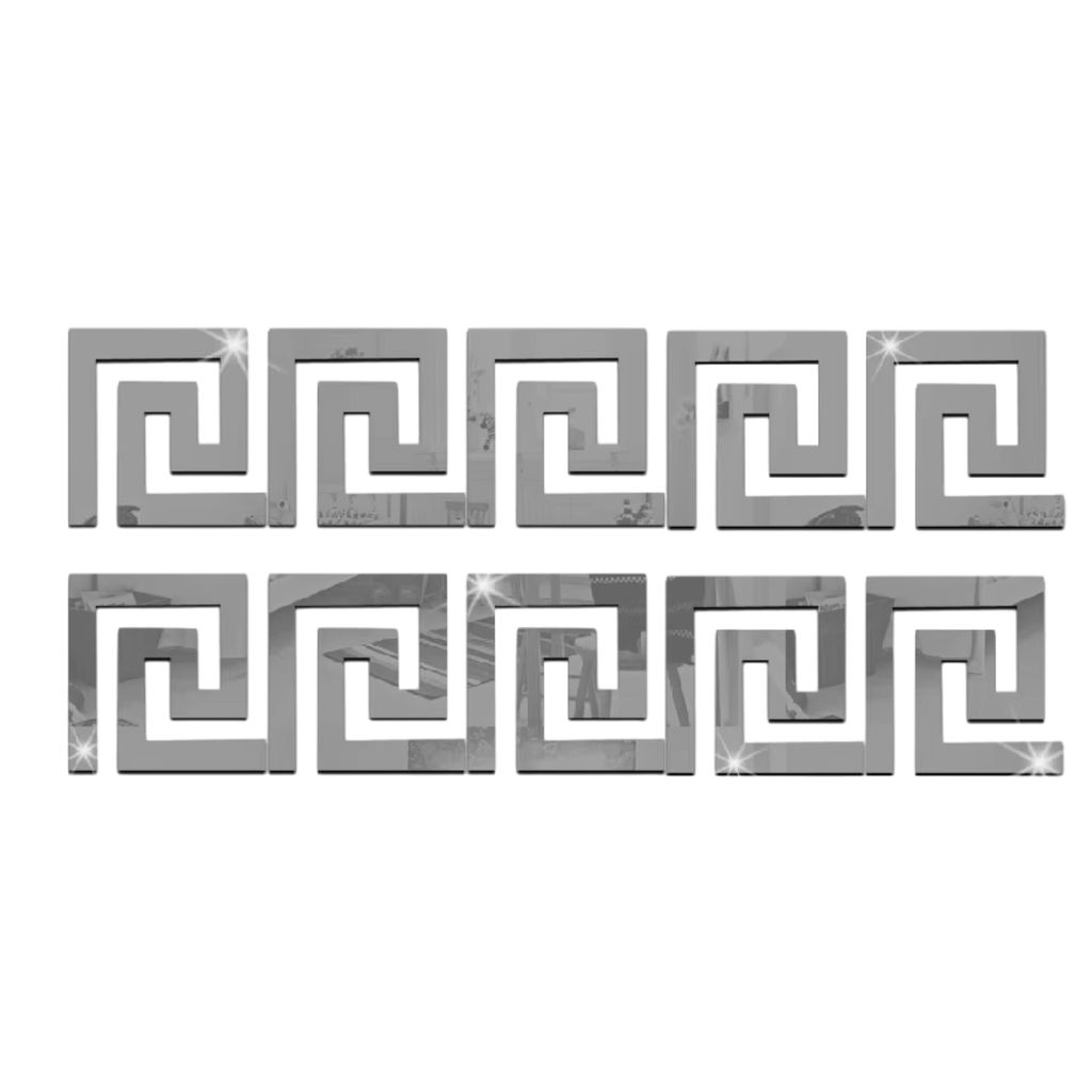 10er Pack Wandspiegel Aufkleber, Wandtattoo, Geometrische Griechische Schlüsselmuster für zu Hause - GLOROB Silber