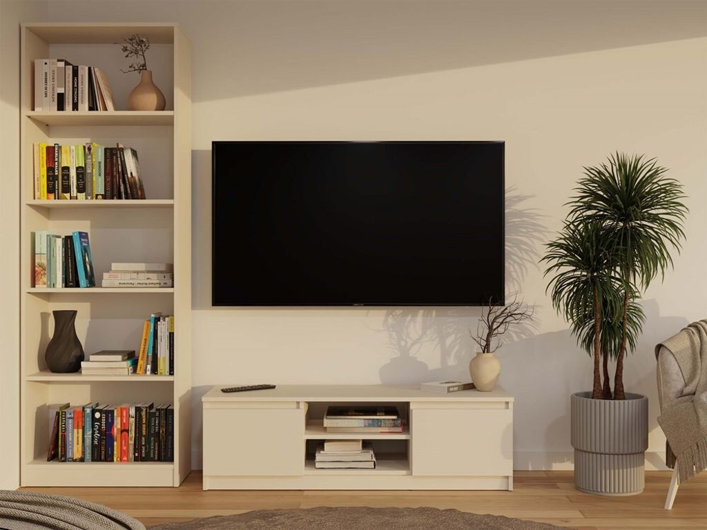 A living room scene with a TV stand, TV, bookshelf, and plants.