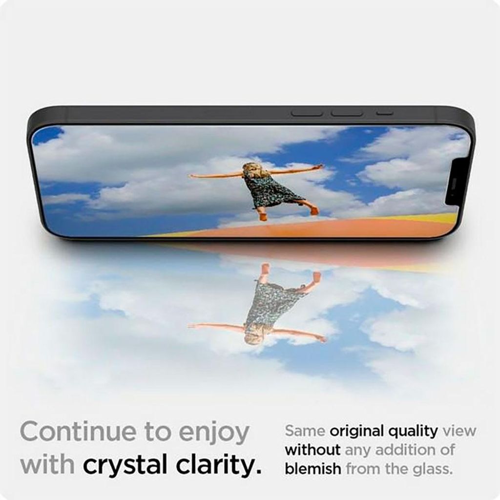 A smartphone displaying an image of a child jumping in the air, with a reflection of the image below.