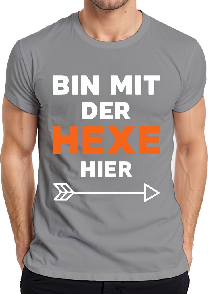 Bin mit der Hexe Halloween Pärchen Kostüm Geschenk Fasching Party Herren T-Shirt, Grau, M