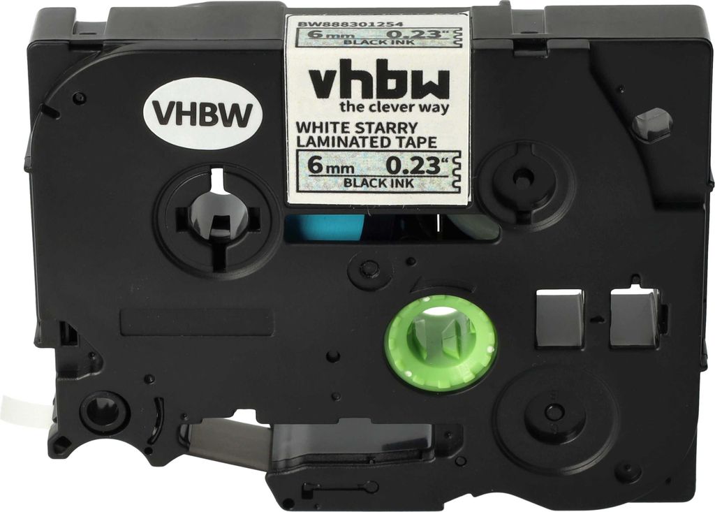 vhbw Schriftband-Kassette kompatibel mit Brother PT D600VP, H100LB, E100, E100VP Etiketten-Drucker 8m x 6mm Schwarz auf Weiss (Glitter), Laminiert