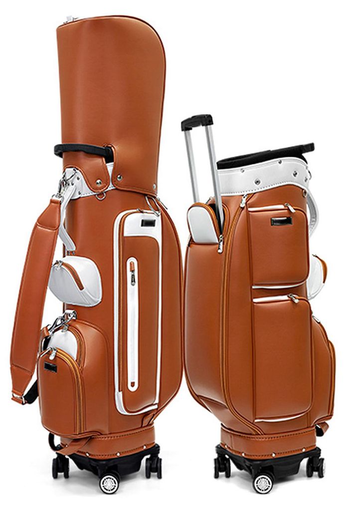 Golfbag mit Rädern, wasserdichtes Kunstleder, Vierrad-Design, großes Fassungsvermögen, braun
