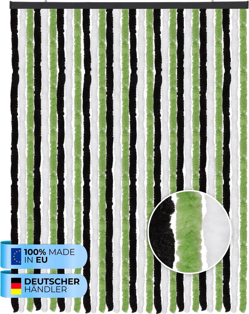 Flauschvorhang (140x220 cm) Türvorhang "Schwarz - Grün - Weiß" als Insektenschutz für Balkon, Terrasse oder Wohnmobil, Wohnwagen, Pavillon