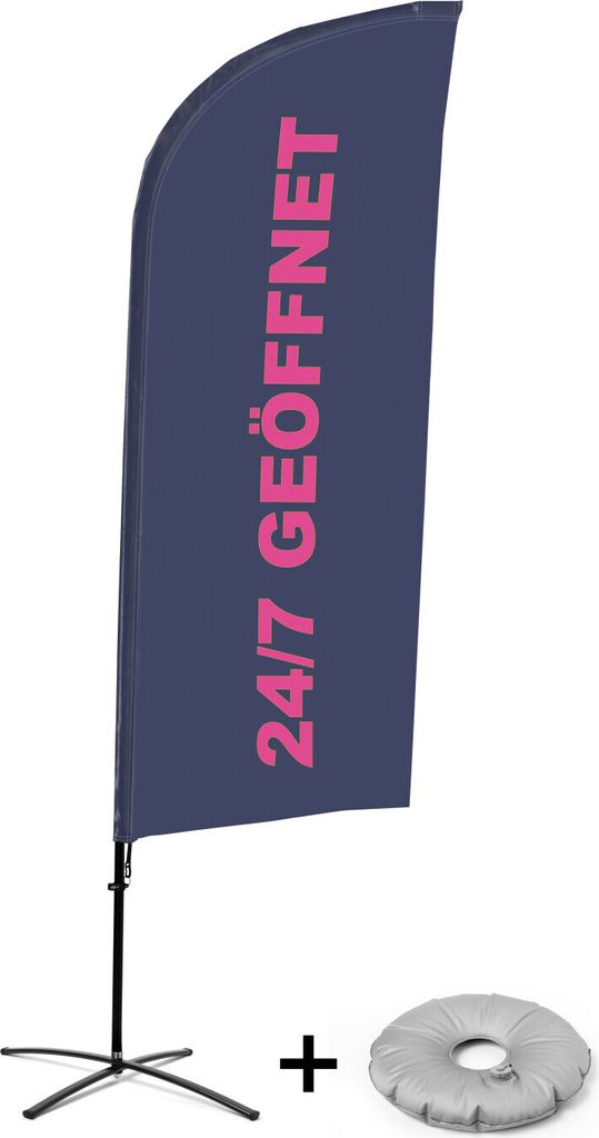 Showdown Displays Beachflag - Komplett-Set - 24/7 Geöffnet - Deutsch - Kreuzständer - Alu