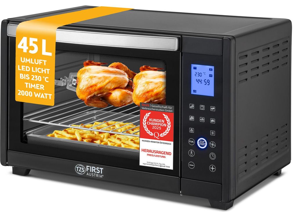 TZS First Austria - Minibackofen Digital 45L 2000W - Miniofen mit Antihaftbeschichtung - Temperaturregelung bis 230°C & 8 Modi - 180 Min. Timer, 4...