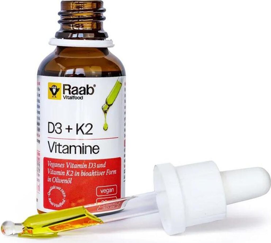 Raab Vitalfood Vitamin D3 + K2 Tropfen | 30 ml | bioaktive all-trans Form | natives Olivenöl extra | vegan