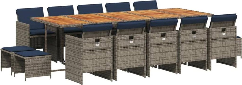 15-teiliges Garten-Ess-Set mit Kissen, grau, Polyrattan