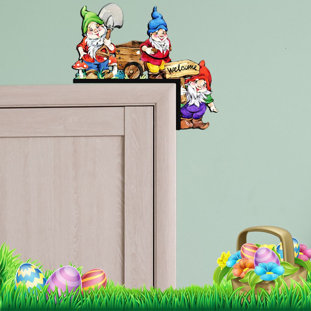 Oster-Türrahmen-Dekoration, Dekorationen, bunte Osterhase und Ostereier, Türsitzer, Holzrahmen, Eckdekoration