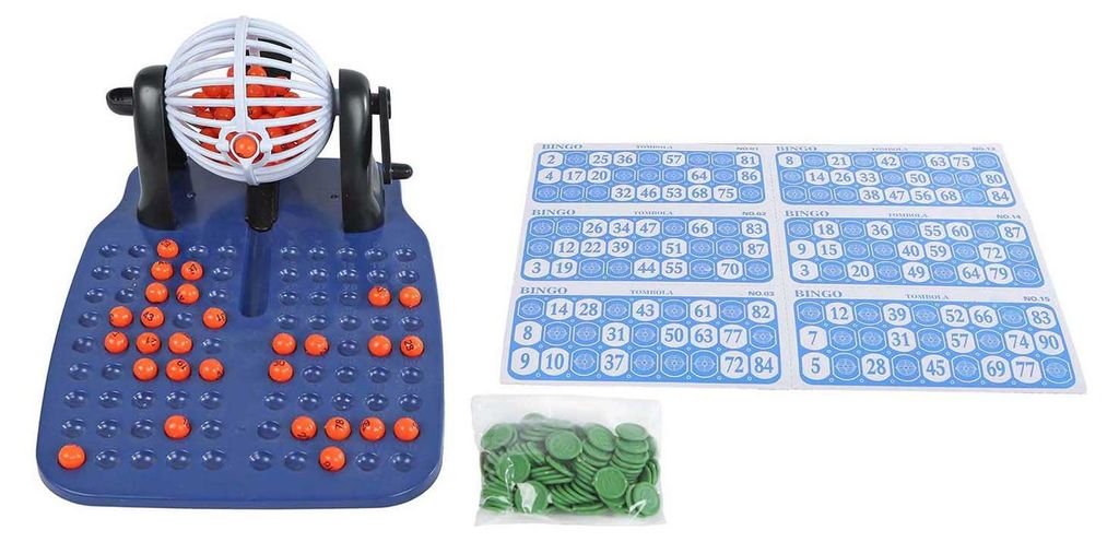 Bingo-Rad mit 90 Zahlenplättchen und 48 Spielkarten
