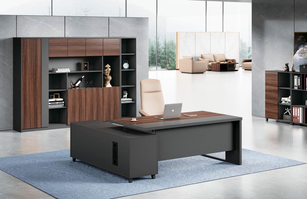 Grau-Brauner Bürotisch r Eckschreibtisch Designer Holz Möbel