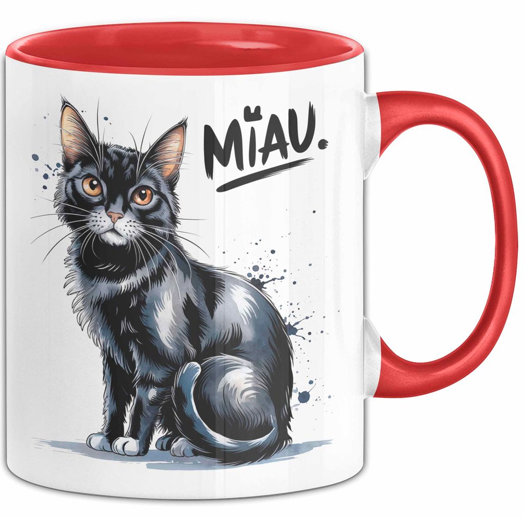 Katzen Tierliebhaber Tasse Geschenk Lustige Geschenkidee Spruch Miau (Rot)