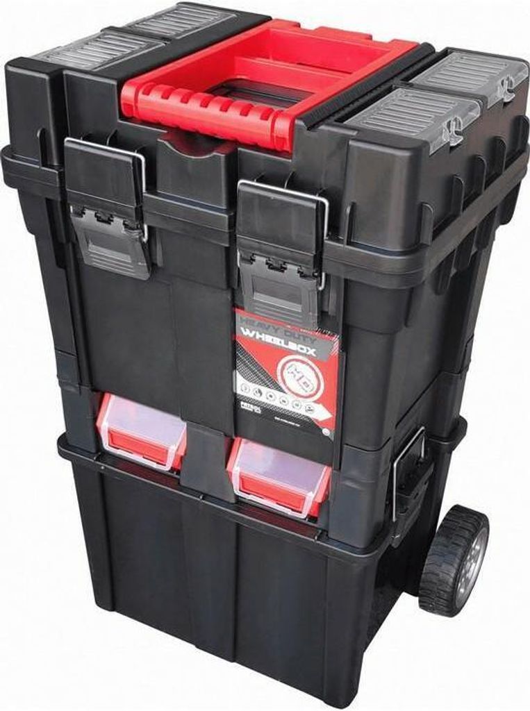 A black rolling toolbox with a red handle and clear compartments.