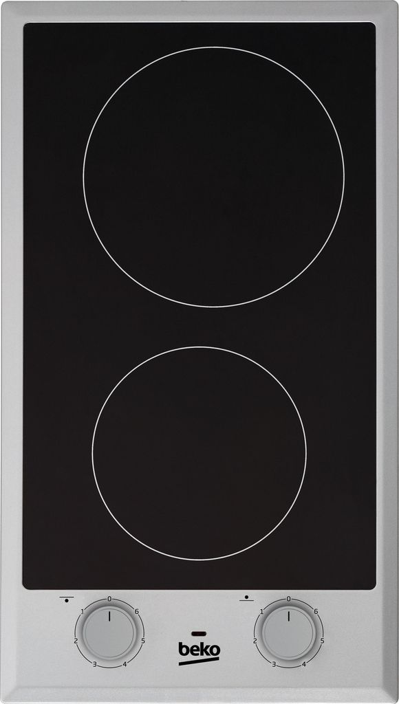 A top-down view of a black and silver electric stovetop with two heating elements and two control knobs.
