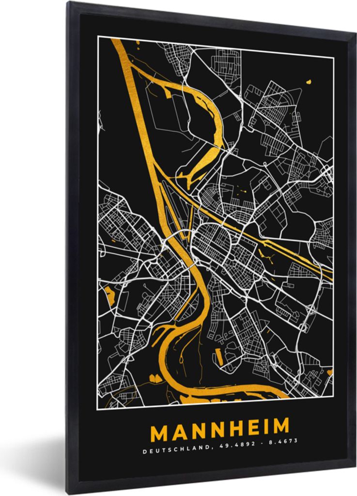 MuchoWow Gerahmtes Poster Mannheim - Gold - Karte - Deutschland 40x60 cm - Poster mit Schwarzem Bilderrahmen Wandposter Rahmen Foto Bilder - Papi...