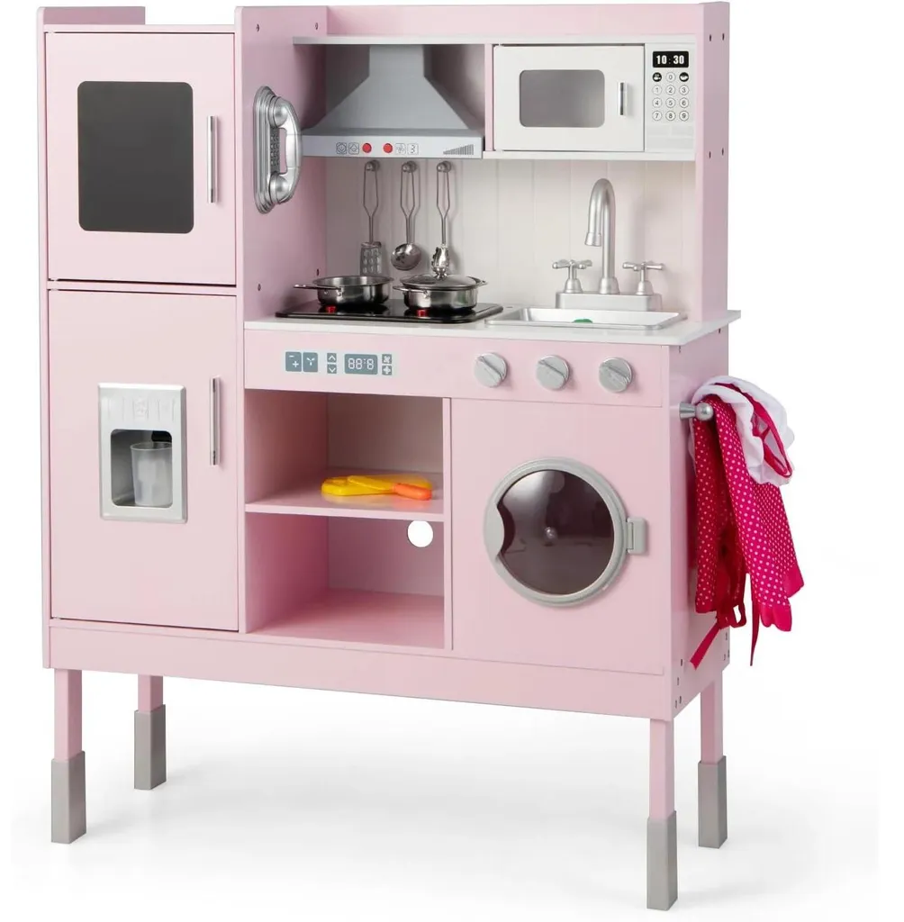 Cuisine enfant en bois rose avec 16 accessoires et lave-linge intégré