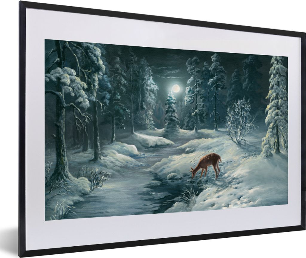 MuchoWow MuchoWow Gerahmtes Poster Winter - Malerei - Hirsche 60x40 cm - Poster mit zchwarzem Bilderrahmen - Schlafzimmer - Plakat in Rahmen - ...