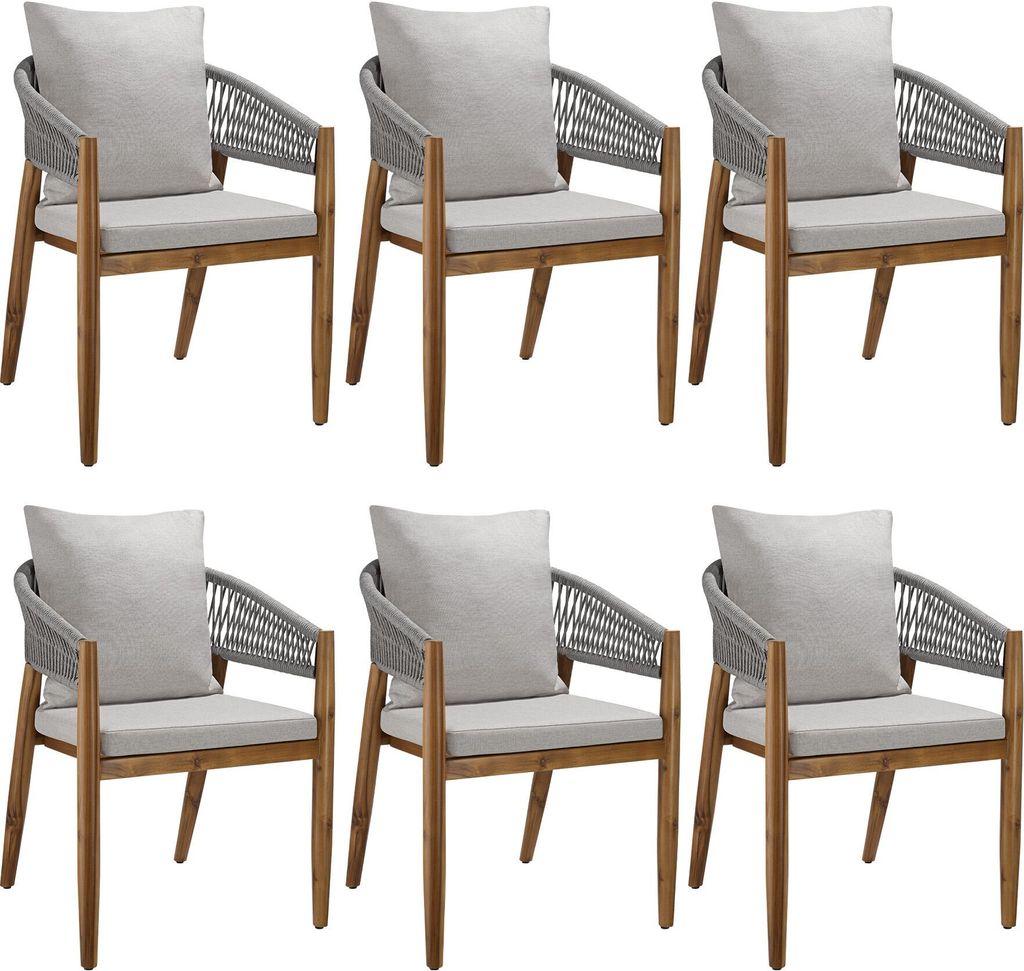 Six identical outdoor chairs are arranged in two rows of three against a white background.