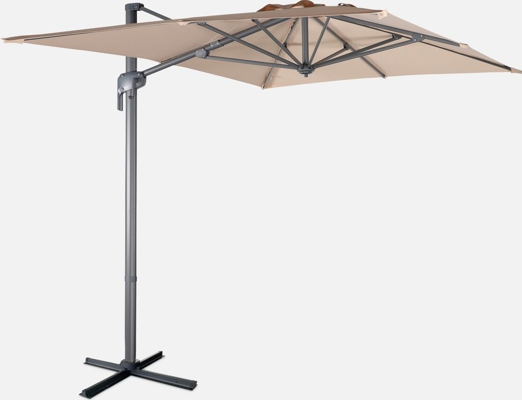 A cantilever umbrella with a beige canopy and a gray metal pole and base, set against a plain white background.