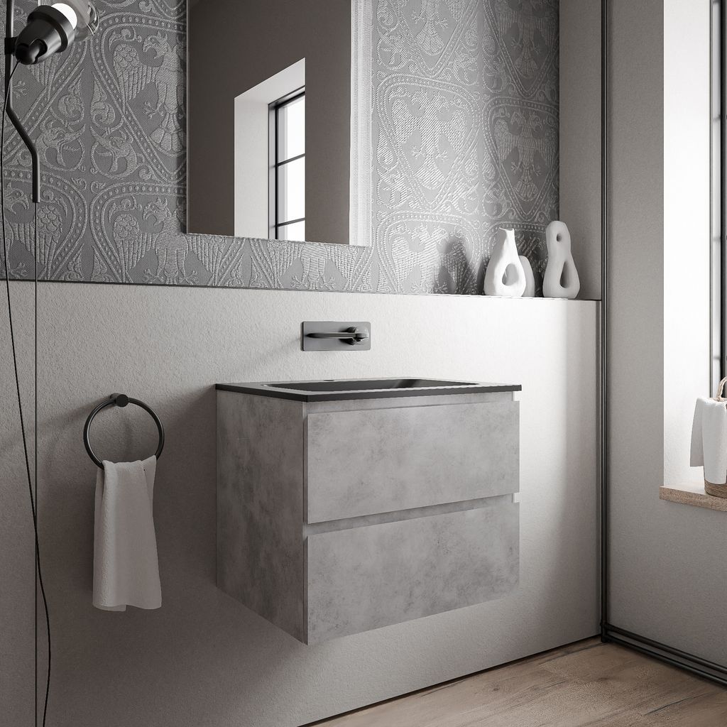 Unterschrank AVA 60 cm mit Mineralguss Waschbecken CREAM - Farbe wählbar, Auswahl Waschbecken:Schwarz matt ohne Hahnloch, Farbe Badmöbel:Beton