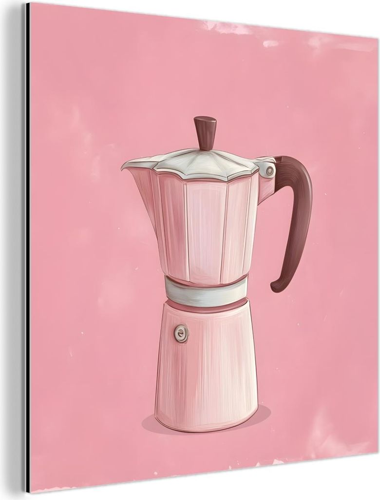 MuchoWow Wanddekoration Metall Metallbild Wandkunst 20x20 cm Rosa - Becher Kanne - Illustration - Kaffee MuchoWow Aluminium Gemälde - Alu Dibond B...