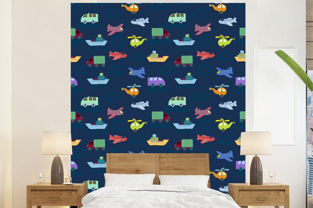 MuchoWow Fototapete für Wohnzimmer oder Schlafzimmer Wandtapete Vinyl Motivtapete Muster - Flugzeug - Boot - Lastwagen - Junge - Kinder - Kinder...