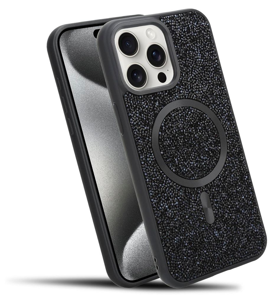 Cadorabo Hülle für Apple iPhone 15 PRO Hülle Glitzer kompatibel mit MagSafe in SCHWARZ magnetische Handyhülle Sparkle Diamond für Apple iPhone...