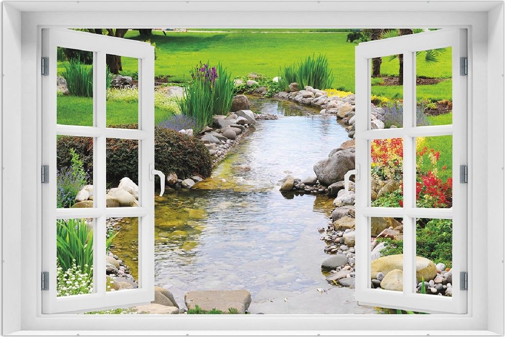Wallario Wandbild mit Fenster-Illusion: Blumen am Teich, Größe: 61 x 91,5 cm, Poster mit rahmenlosen Bildhalter