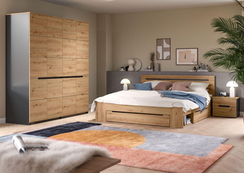 Canu Schlafzimmer-Set Bett 180x200 cm mit Stauraum, 2 Nachttische, 1 Schrank grau, Eiche Nachbildung.
