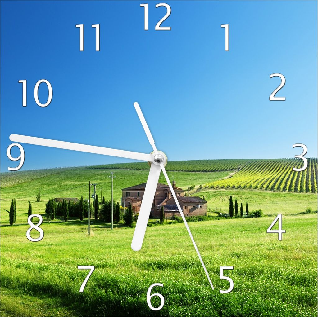 Wallario Design Wanduhr Farm in der Toskana aus Echtglas, Größe 20 x 20 cm