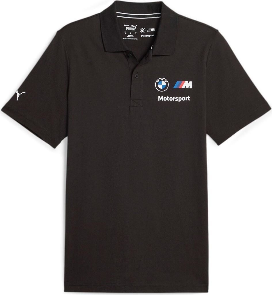 BMW Motorsport Puma Polo „Essential“, Offizieller Fanartikel, Schwarzes Polo mit BMW und Puma Logos, 100% Baumwolle, Drei-Knopf-Leiste, Rippkragen