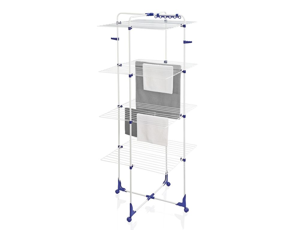 A tall, multi-tiered drying rack with towels draped over some of the levels, set against a white background.